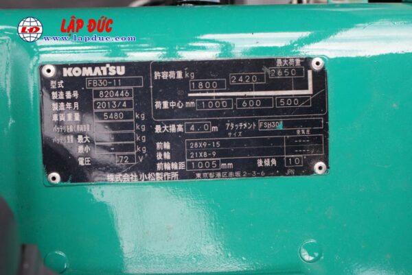 Xe nâng điện cũ KOMATSU ngồi lái 3 tấn FB30-11 # 820446