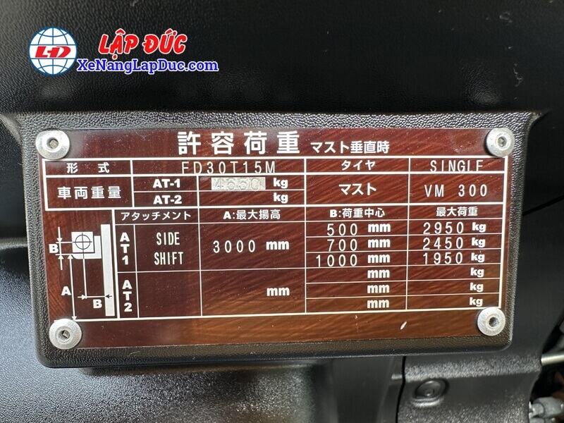 Bảng thông tin của xe nâng dầu 3 tấn unicarriers FD30T15M