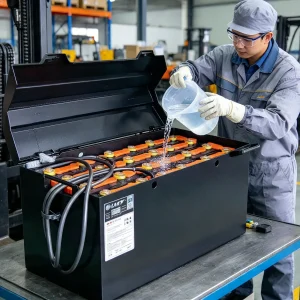 NÊN CHÂM NƯỚC CẤT TRƯỚC HAY SAU KHI SẠC ẮC QUY XE NÂNG